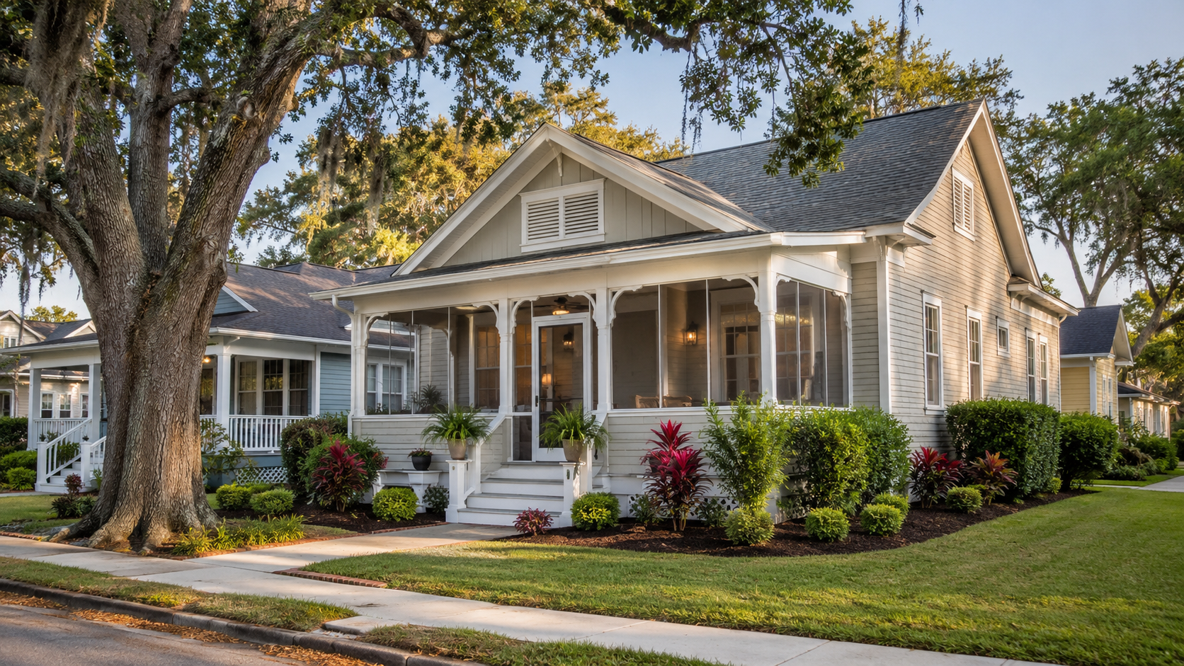 Freshly prepared historic bungalow in downtown St. Cloud, Florida, with a screened front porch, mature oak trees, manicured landscaping and classic neighborhood charm.