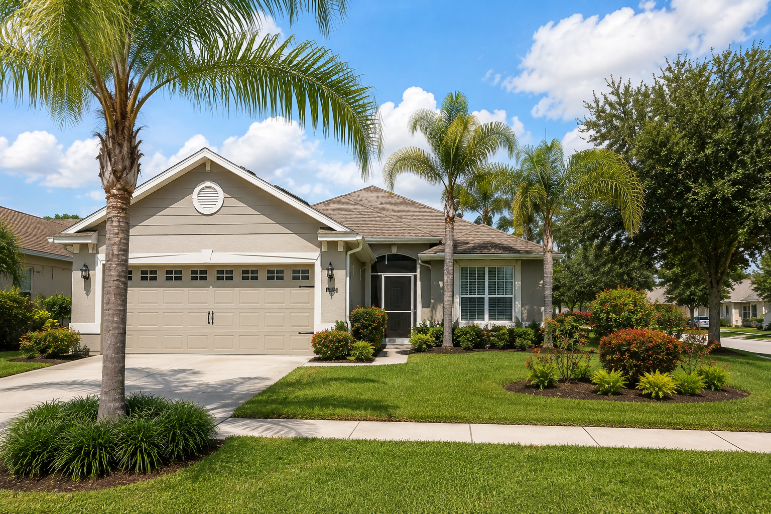 Single-story St. Cloud, Florida home with palm trees, tropical landscaping, and a manicured lawn in a quiet suburban neighborhood.