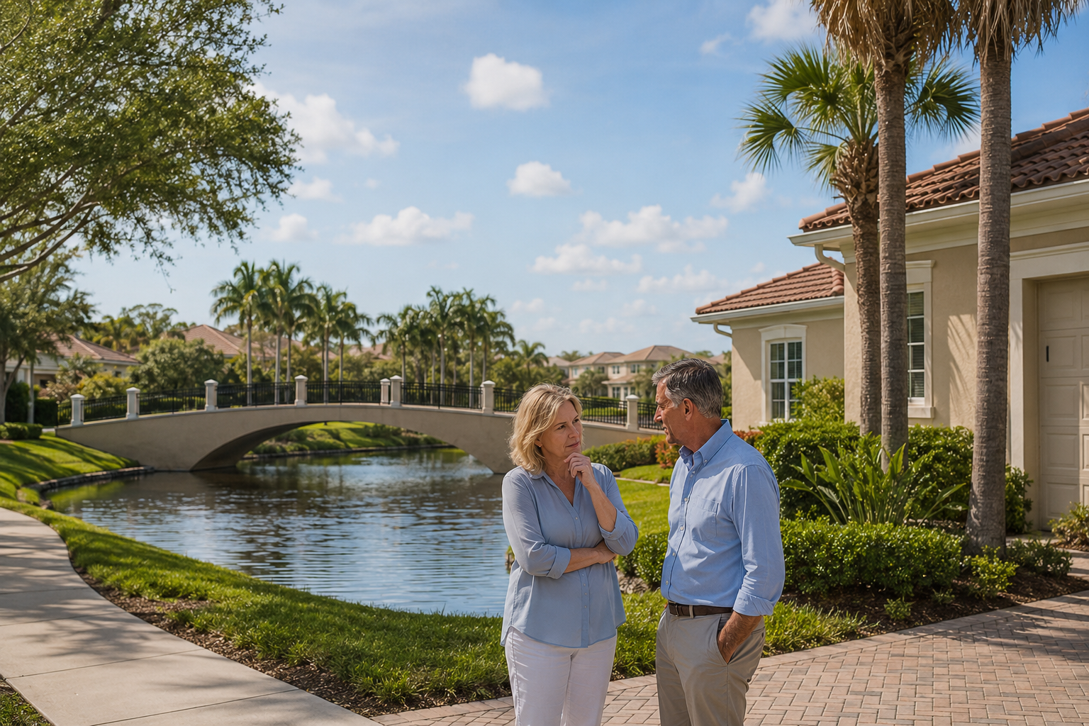 VillageWalk Lake Nona homeowners discussing why their canal-front home did not sell, with a recognizable arched bridge, palm trees, and waterfront homes in the background.
