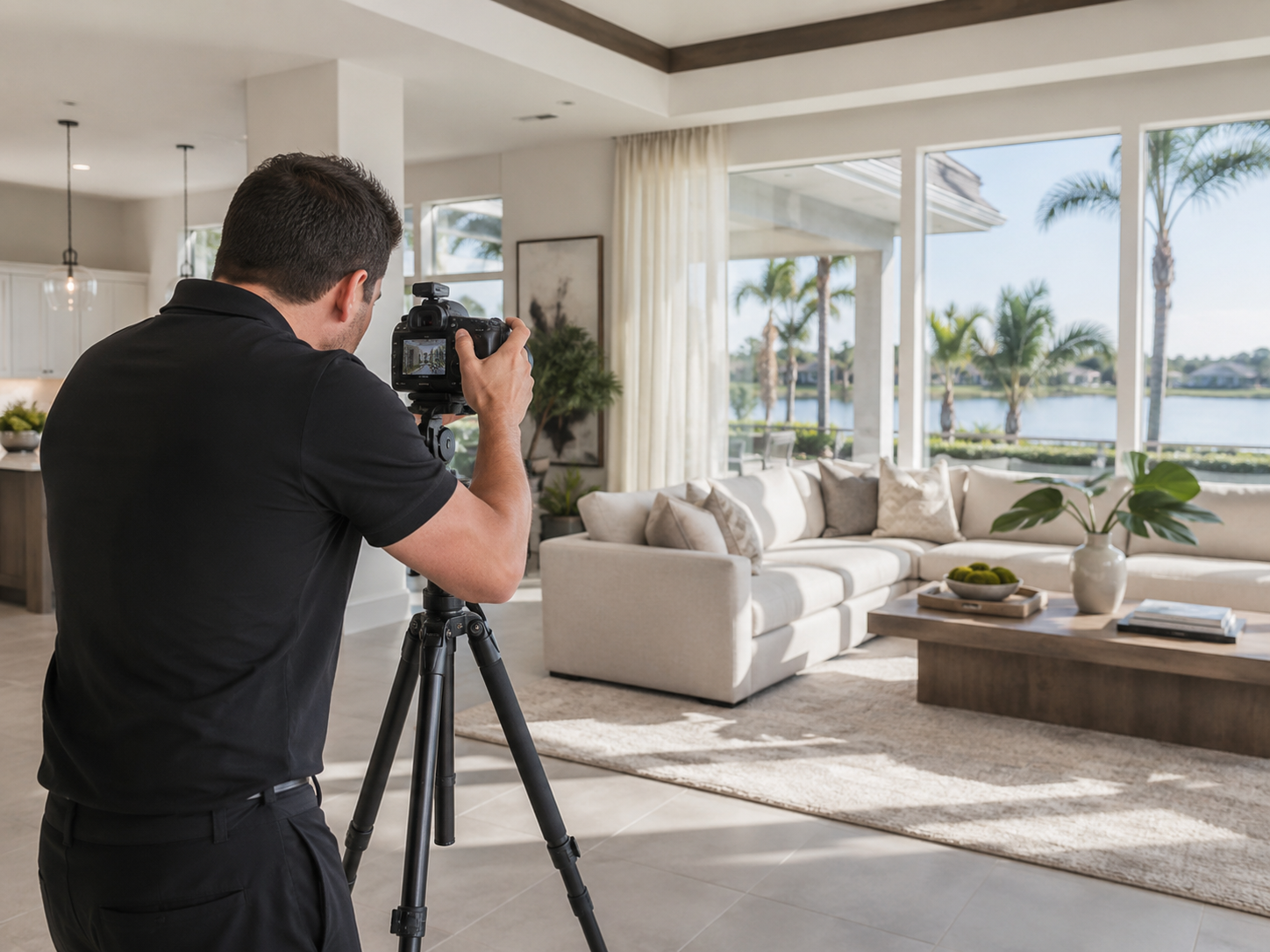 Professional real estate photographer capturing a bright, staged Lake Nona living room with large windows, natural light, and waterfront views.