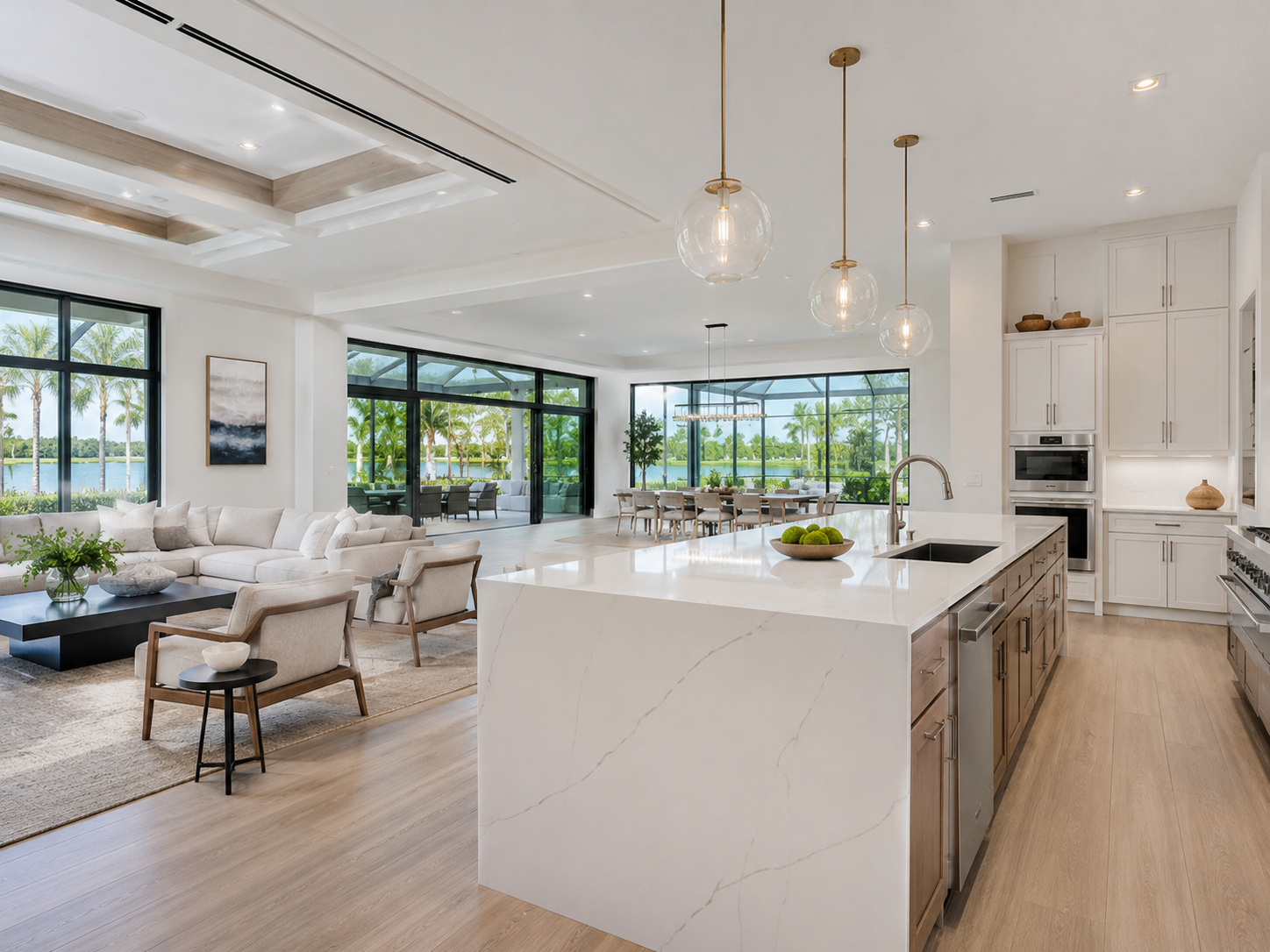 Luxury Laurel Pointe Lake Nona interior featuring an open-concept kitchen and living area with a large waterfall island, floor-to-ceiling windows, modern finishes, and scenic water views.