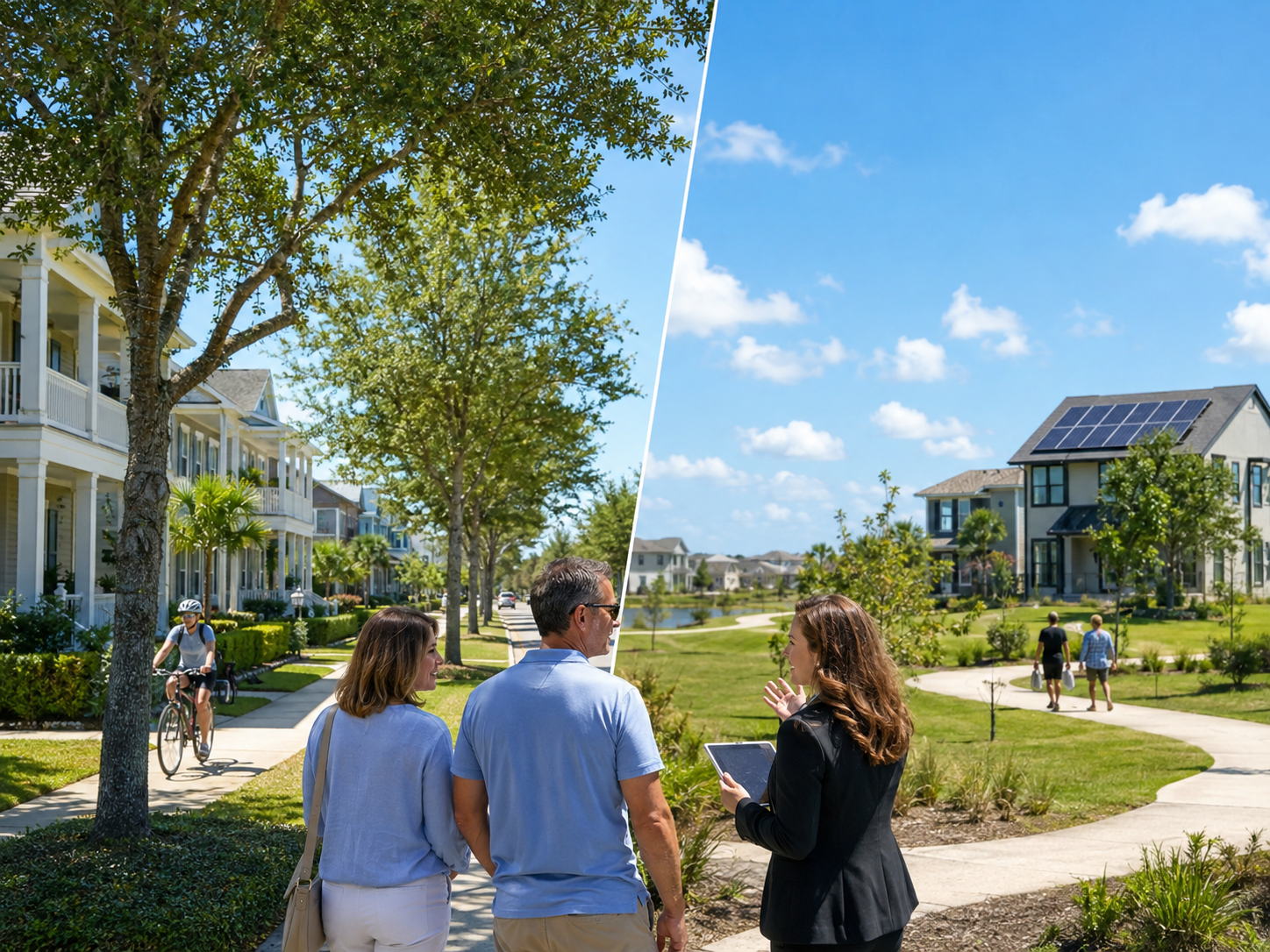Couple comparing Laureate Park in Lake Nona with Weslyn Park in Sunbridge, featuring front-porch homes, palm-lined streets, modern solar homes, and walkable neighborhood landscaping in Central Florida.