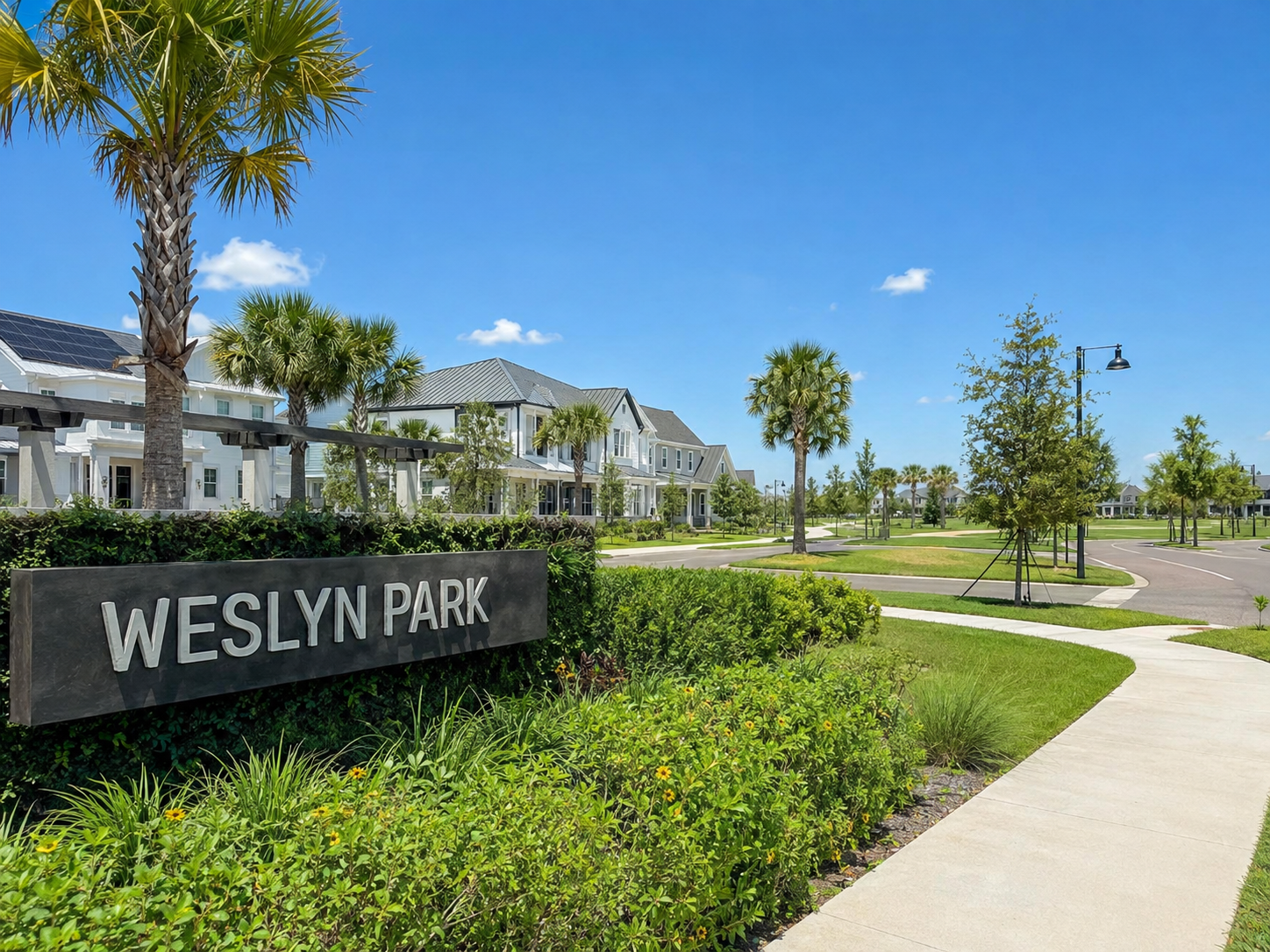 Weslyn Park at Sunbridge community entrance in St. Cloud, Florida, with modern homes, solar panels, palm trees, landscaped streets, and walking paths.