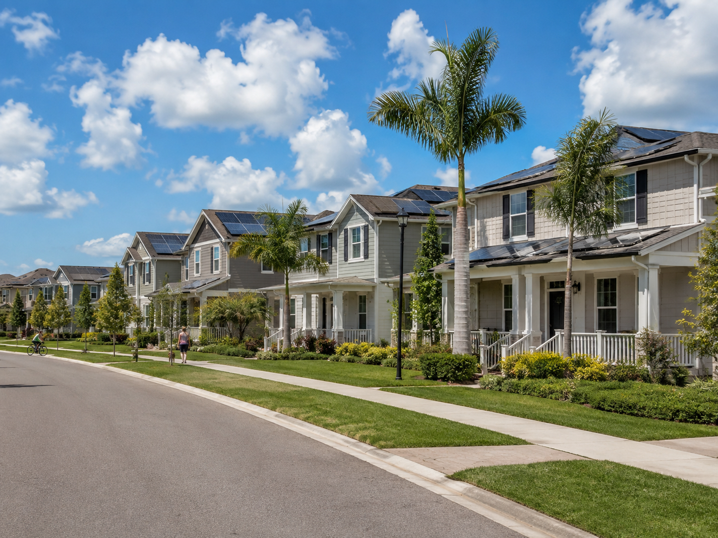 street-level photo of a Lake Nona townhome community such as Isles of Lake Nona, Somerset Crossings, or Storey Park townhomes
