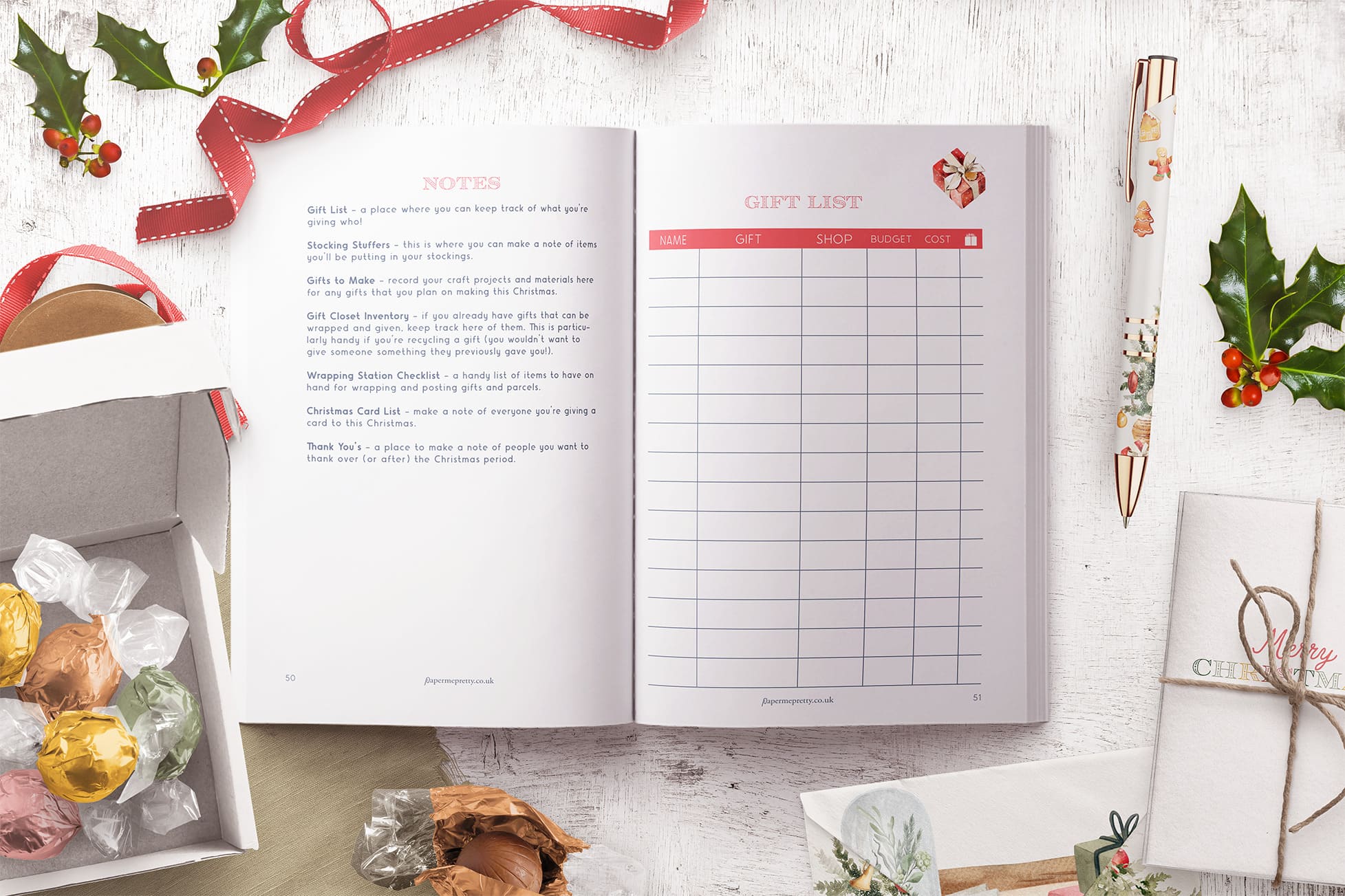 Gift list and notes pages inside the planner