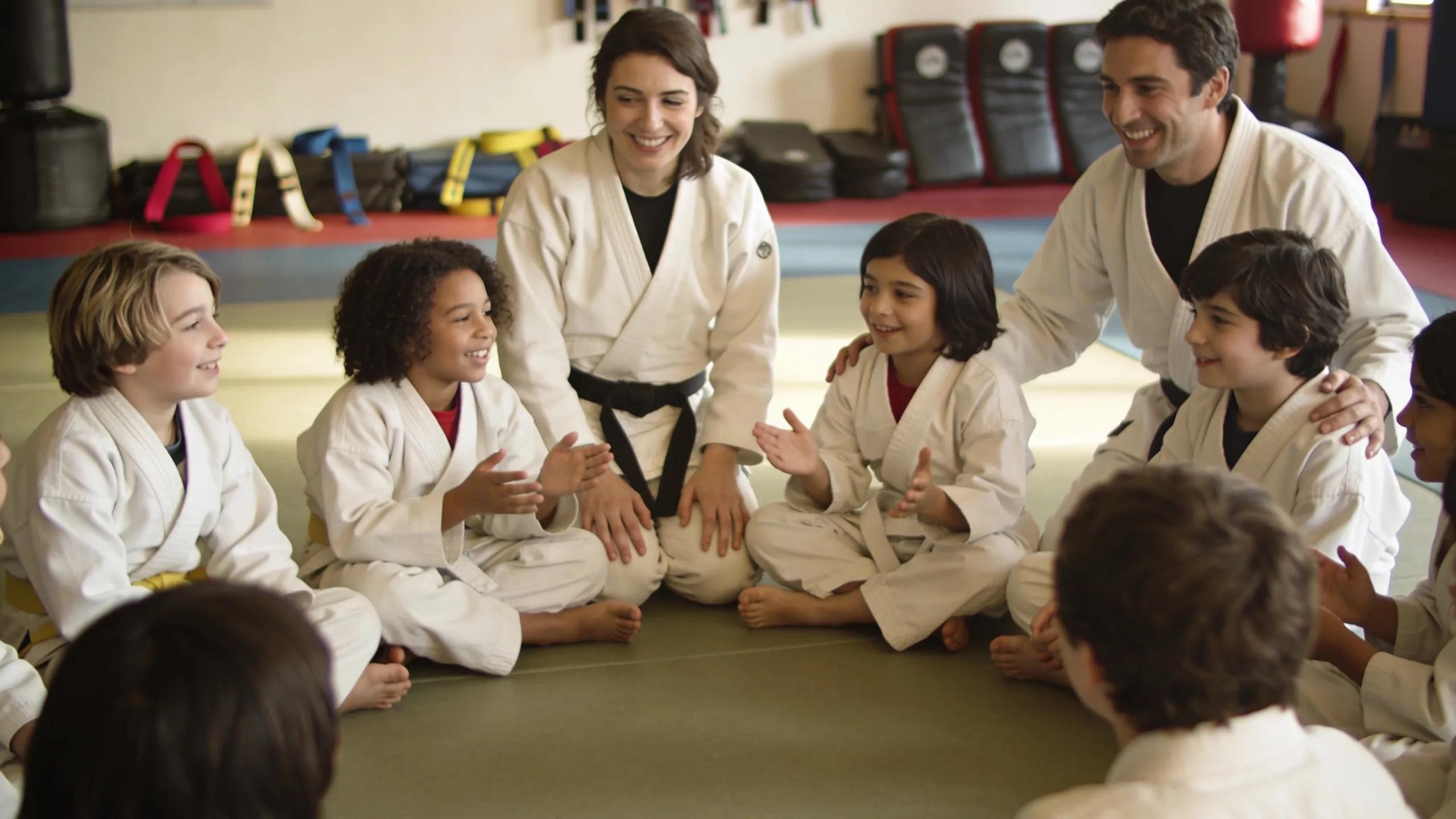 Children participating in a supportive discussion after a martial arts class, illustrating mental and emotional growth through Muay Thai and BJJ