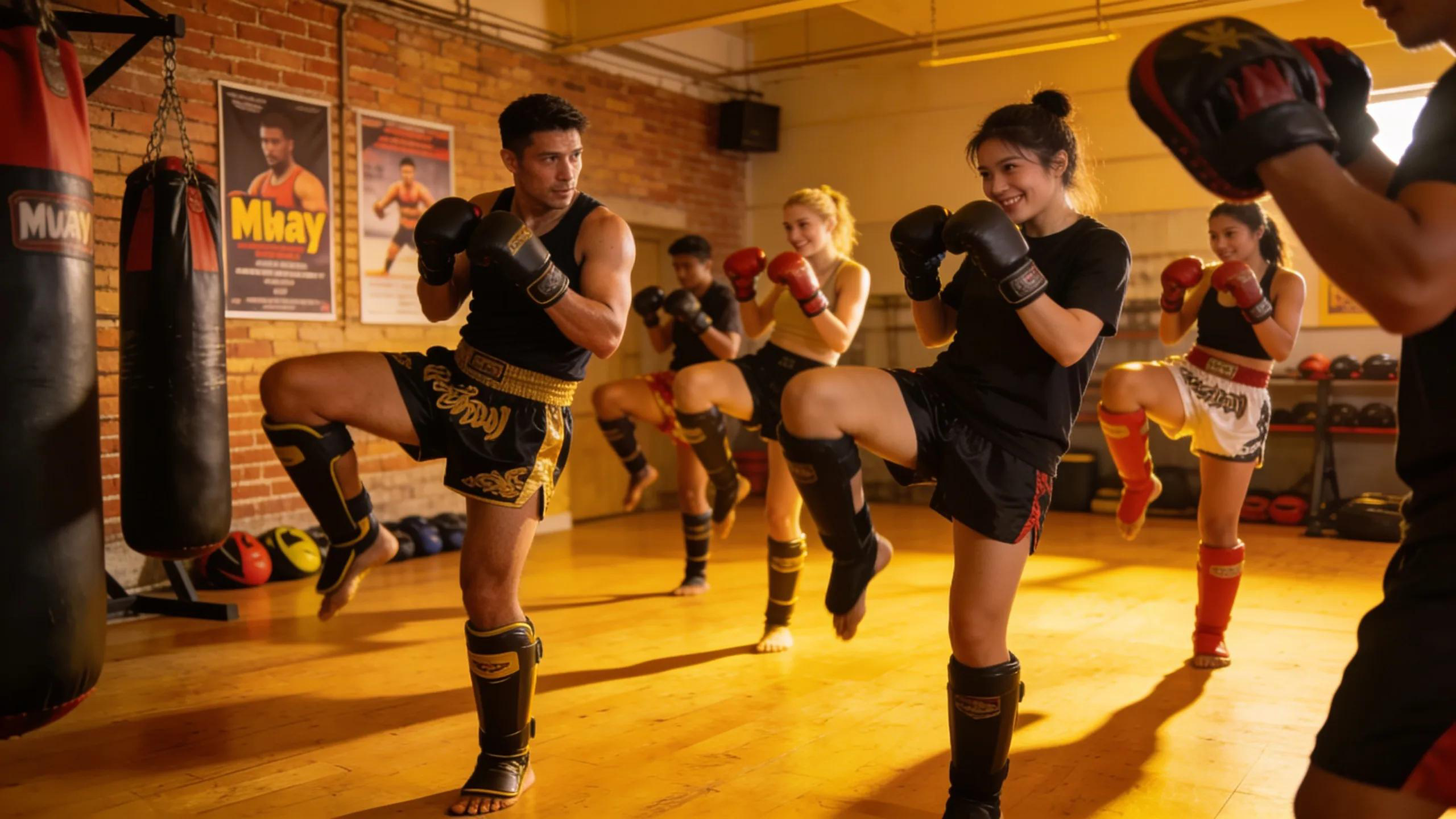 Beginners training in Muay Thai with an instructor demonstrating foundational techniques