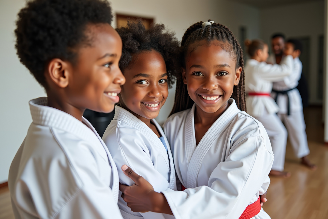 Siblings smile and hug after training martial arts together