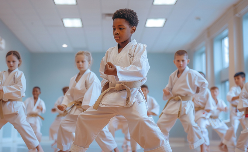 Young student leading a martial arts class, confident and focused. Young student leading a martial arts class, confident and focused.