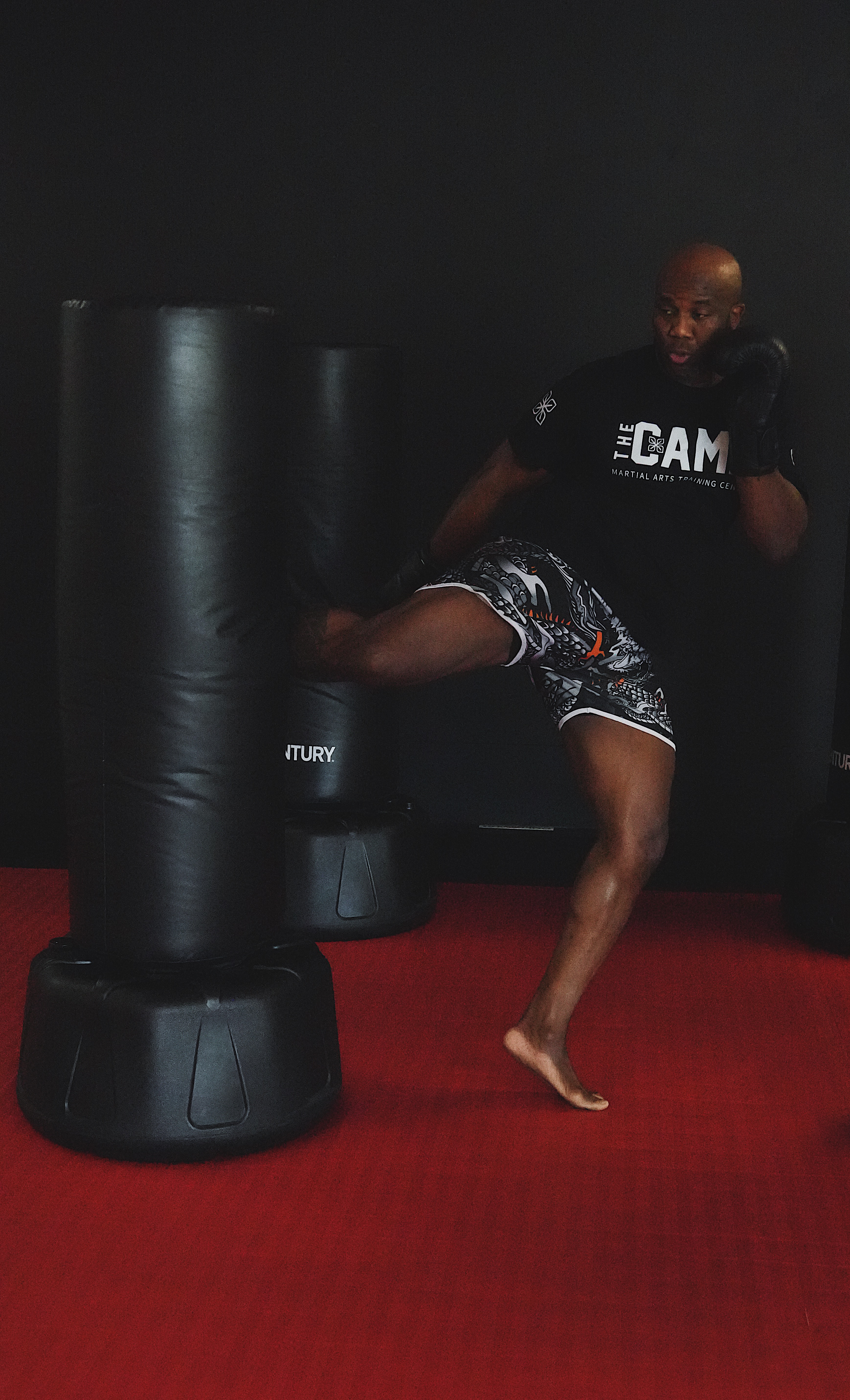 Martial artist performing a kick against a heavy training bag in a gym Martial artist performing a kick against a heavy training bag in a gym