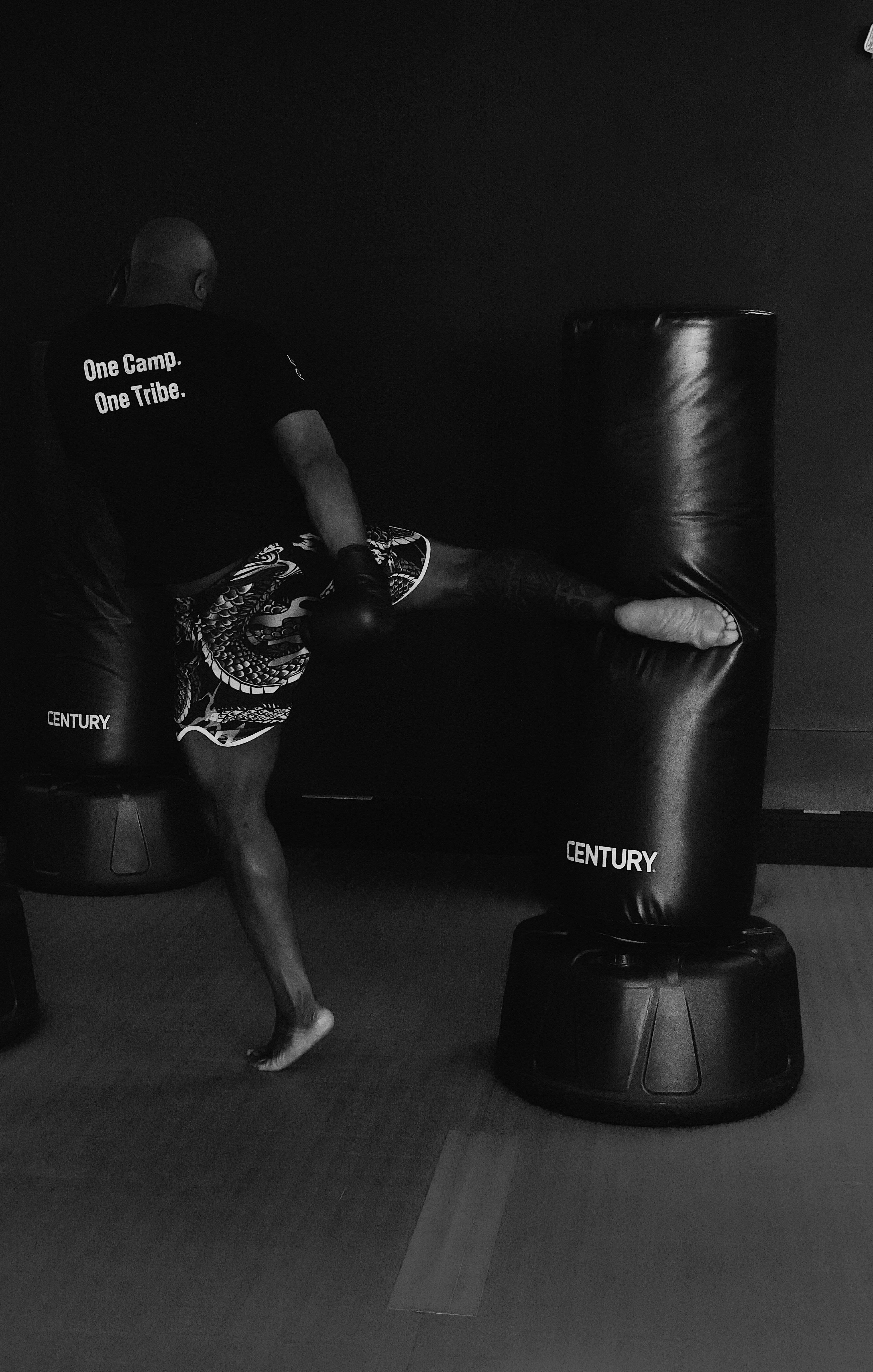 Athlete delivering a high kick to a punching bag in a training facility Athlete delivering a high kick to a punching bag in a training facility