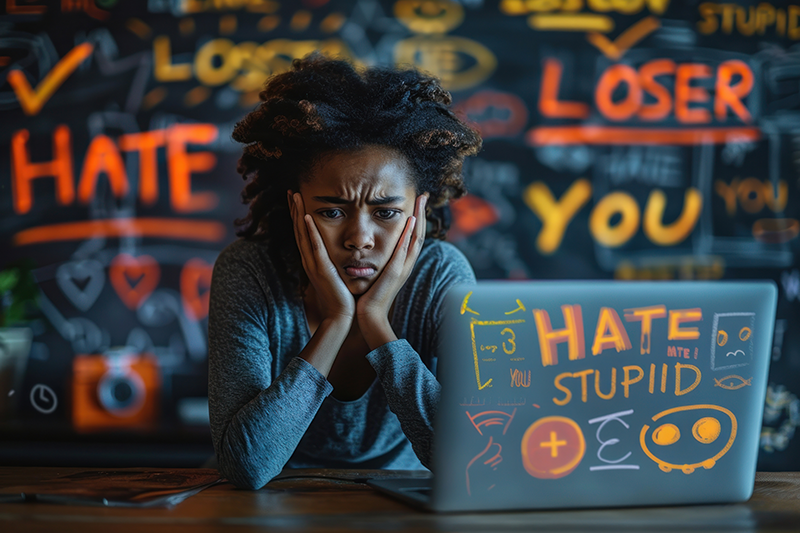 Frustrated student sitting in front of a laptop dealing with online bullying and negative comments Frustrated student sitting in front of a laptop dealing with online bullying and negative comments