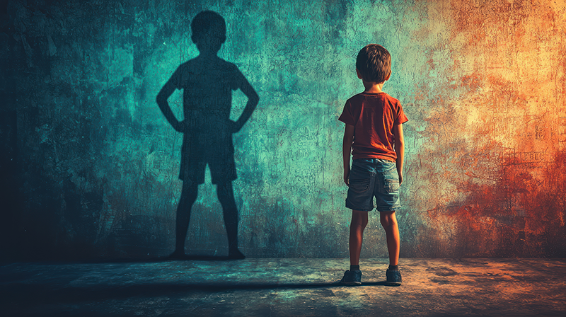 Young boy looking at his confident shadow representing inner strength and bully prevention Young boy looking at his confident shadow representing inner strength and bully prevention