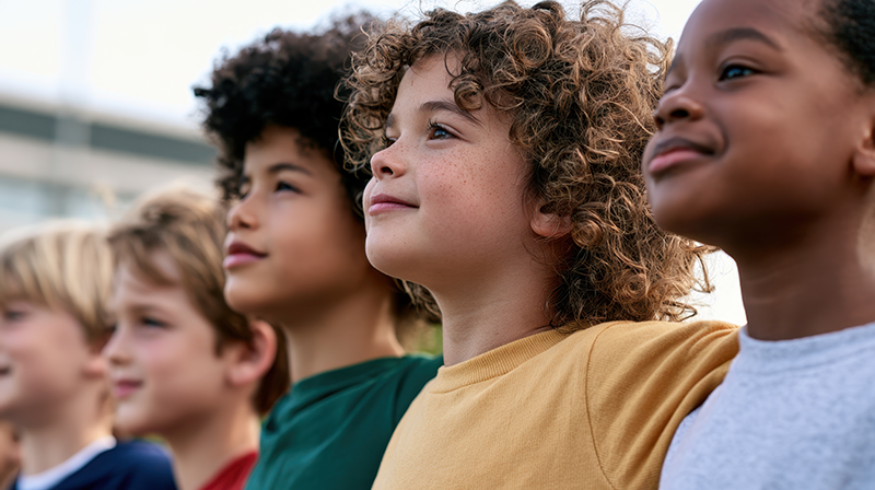 Diverse group of confident smiling children standing together in an anti-bullying martial arts class Diverse group of confident smiling children standing together in an anti-bullying martial arts class