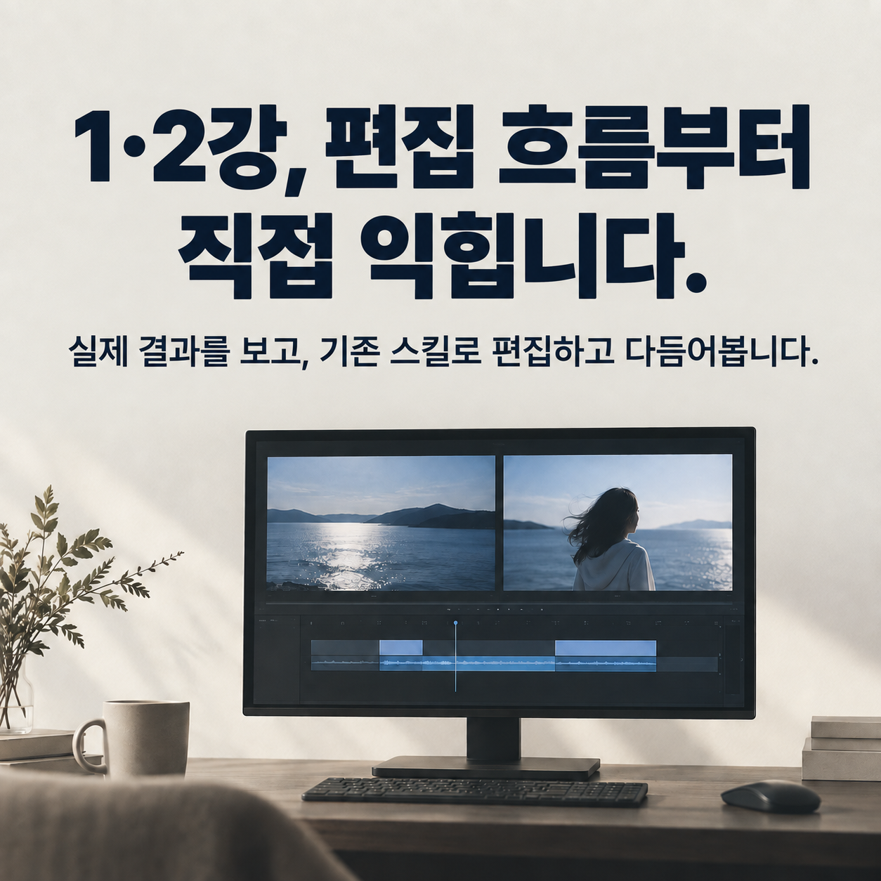 1·2강, 편집 흐름부터 직접 익힙니다. 실제 결과를 보고, 기존 스킬로 편집하고 다듬어봅니다.