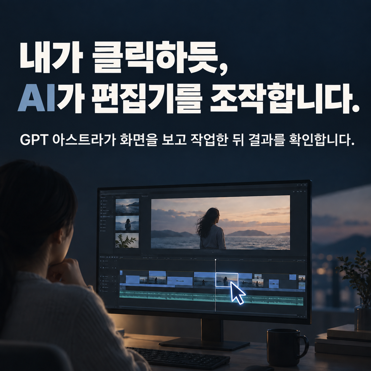 내가 클릭하듯, AI가 편집기를 조작합니다. GPT 아스트라가 화면을 보고 작업한 뒤 결과를 확인합니다.