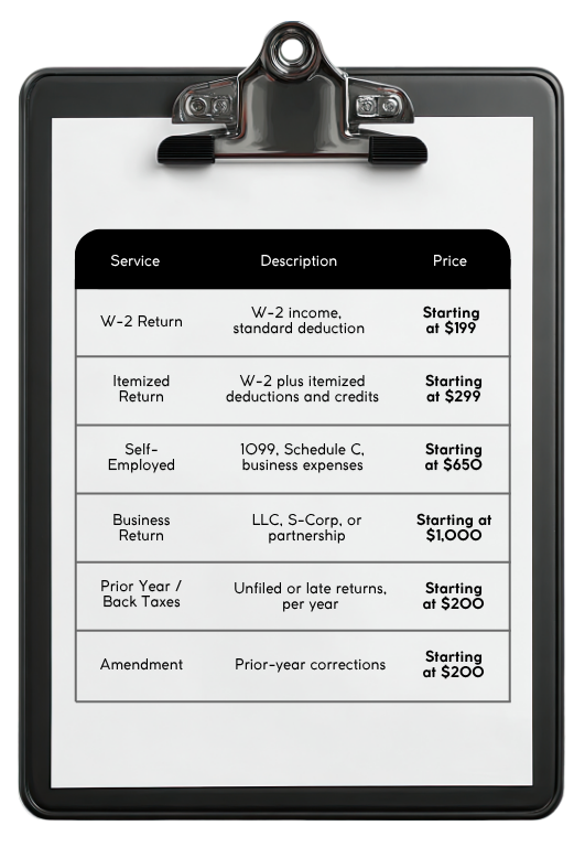 KeyQuest tax preparation starting-price clipboard