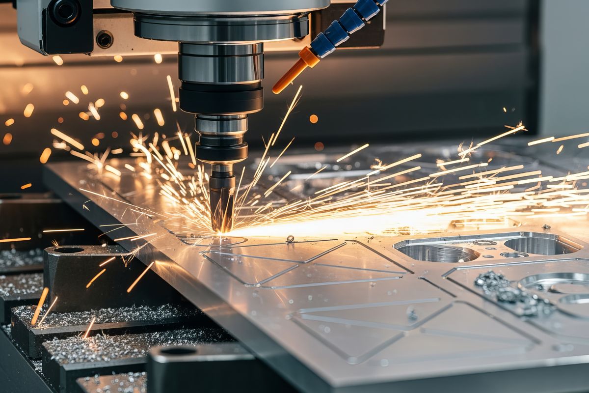 CNC machine cutting metal on a shop floor