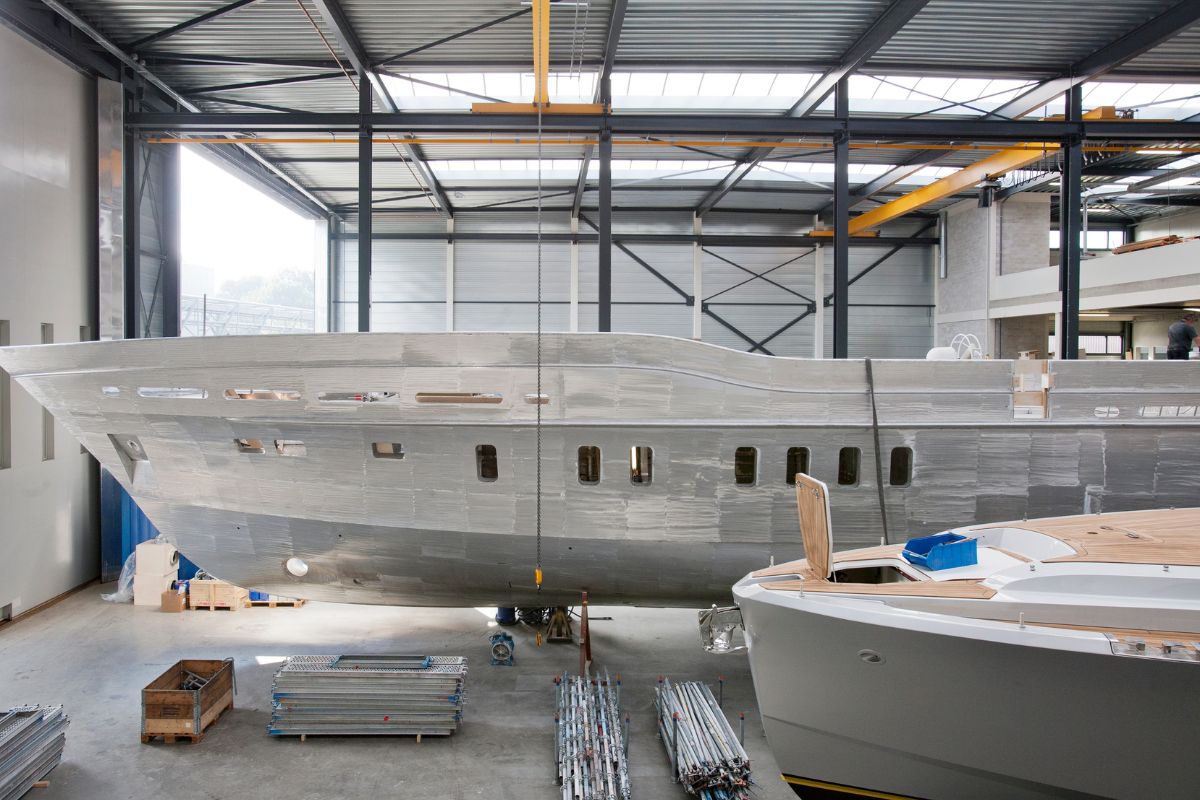 Boat hull under construction in a boatyard