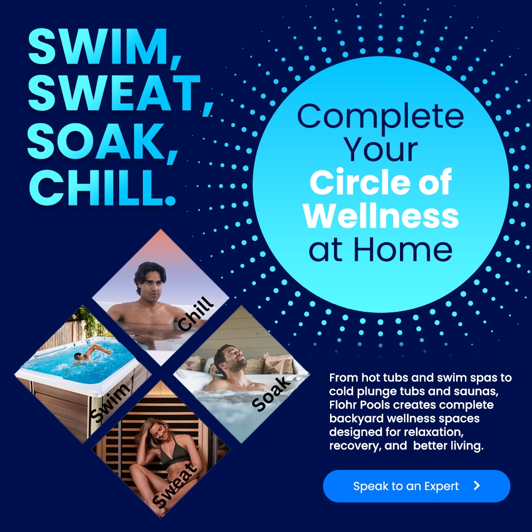 Couple relaxing in a luxury hot tub at night with promotional text advertising hot tubs starting at $9,995 with a $2,500 bonus package.