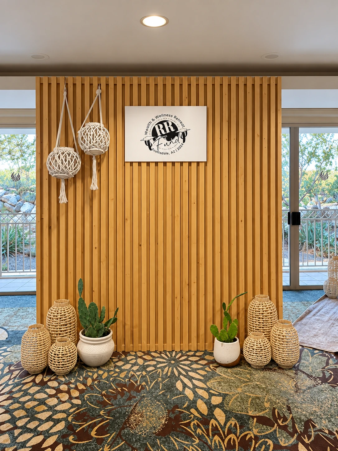RR Fund welcome installation with wood slat backdrop, woven lanterns and desert plants