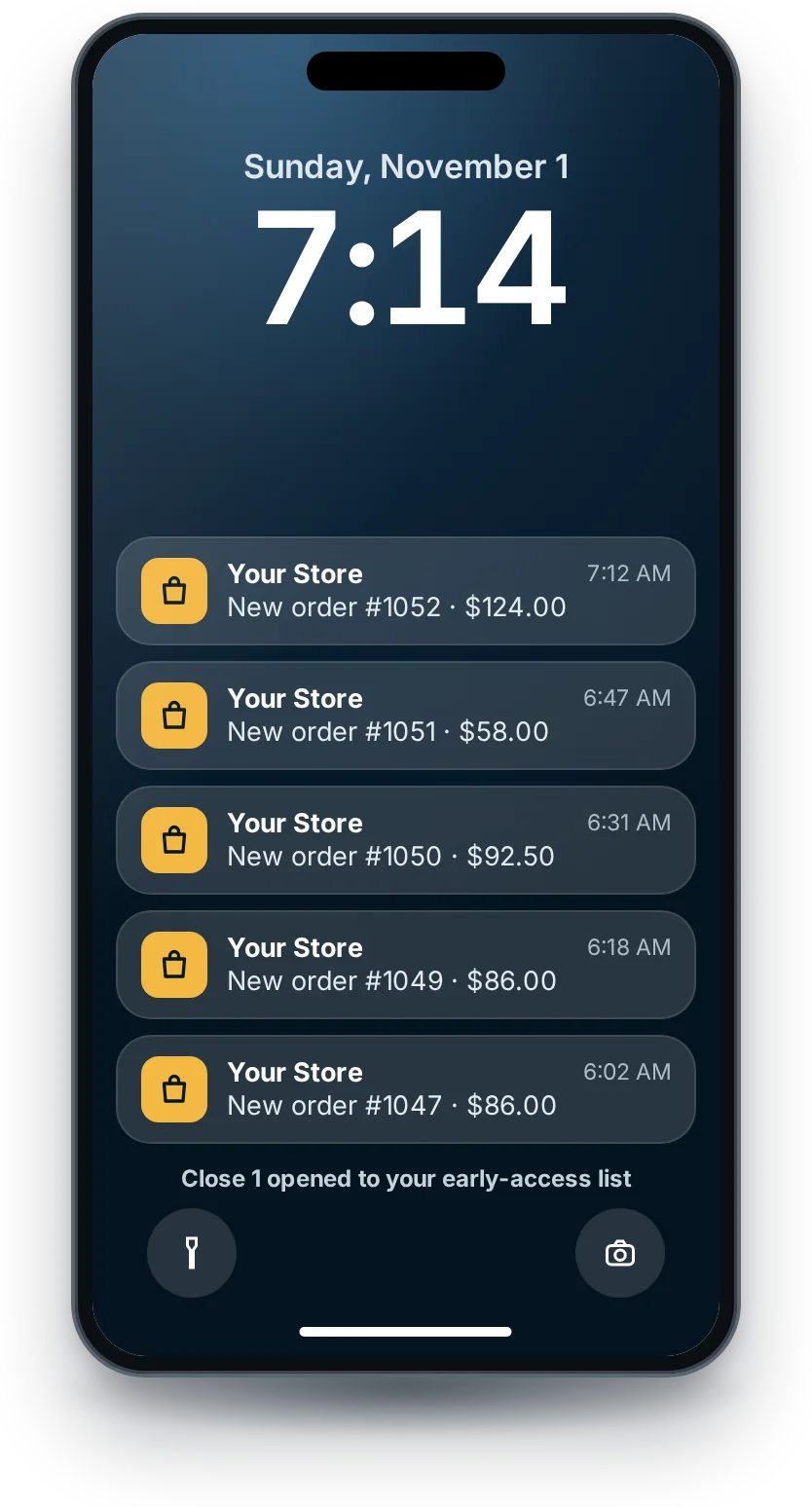Illustration only, not a real receipt: a phone lock screen with new store order notifications arriving early in the morning