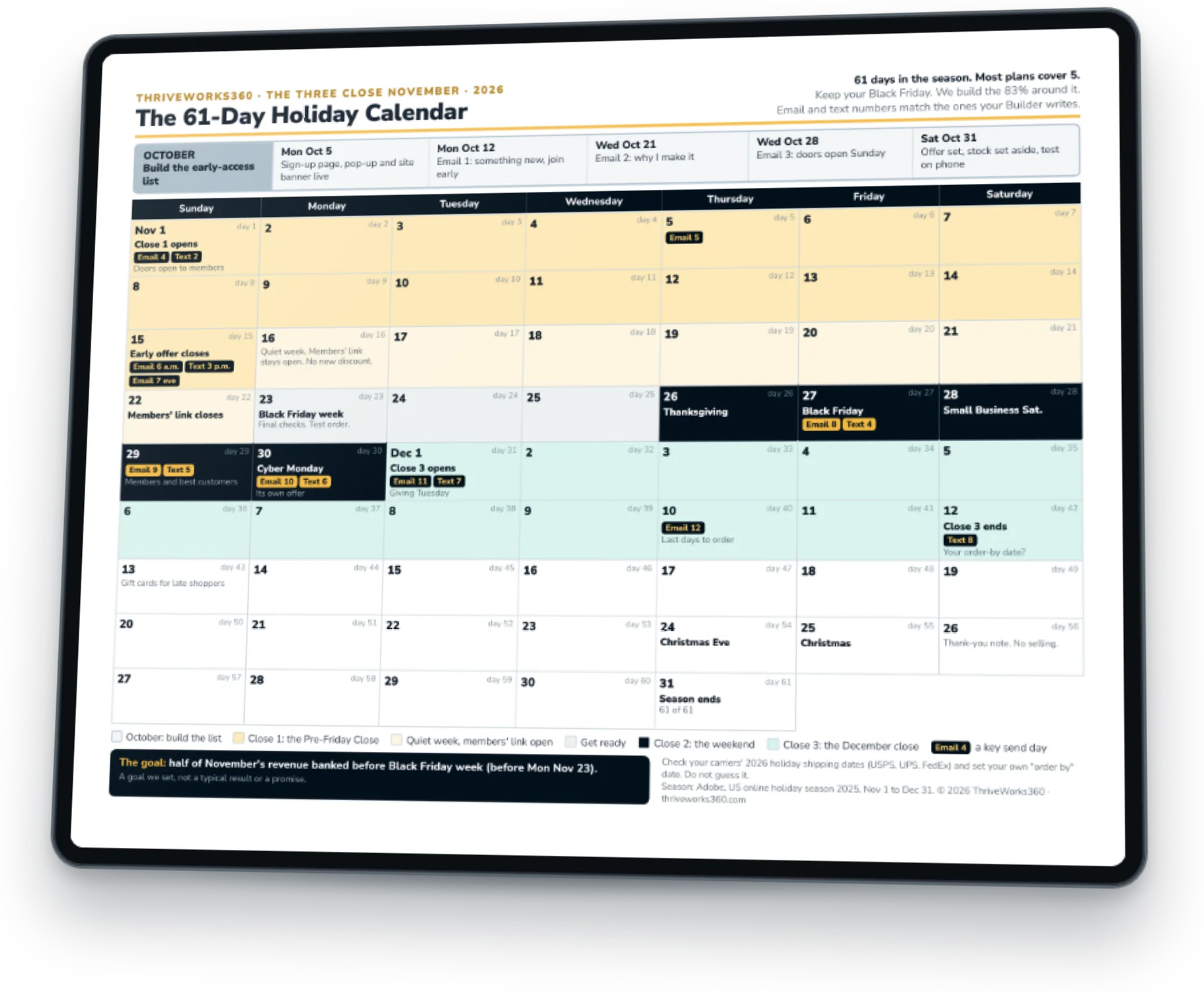 The real 61-Day Holiday Calendar on a tablet: the early sale, Black Friday and Cyber Monday Thu Nov 26 to Mon Nov 30, and December gifts Tue Dec 1 to Sat Dec 12