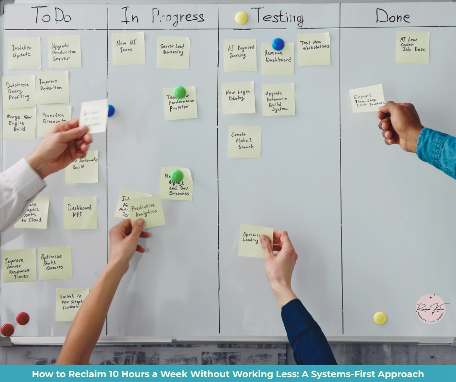 A whiteboard showing tasks being delegated and team members taking ownership.