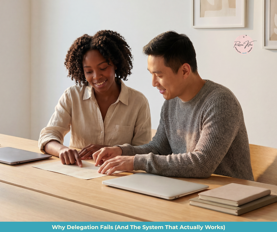 Two people reviewing a document together on a desk, representing a thoughtful handover between a founder and their team. Two people reviewing a document together on a desk, representing a thoughtful handover between a founder and their team.