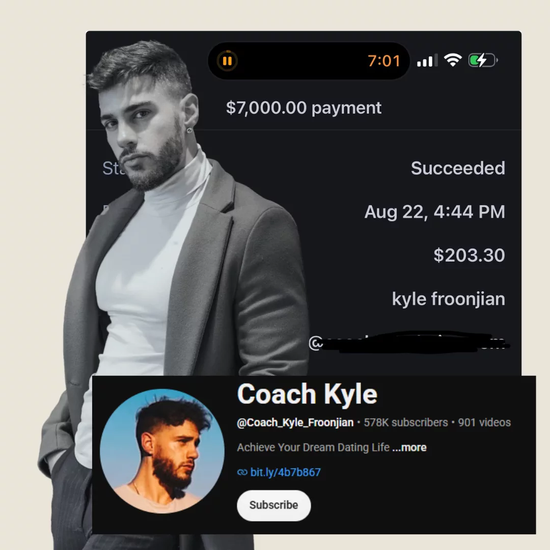 Coach Kyle, about $77,000, Stripe payment record and his YouTube channel