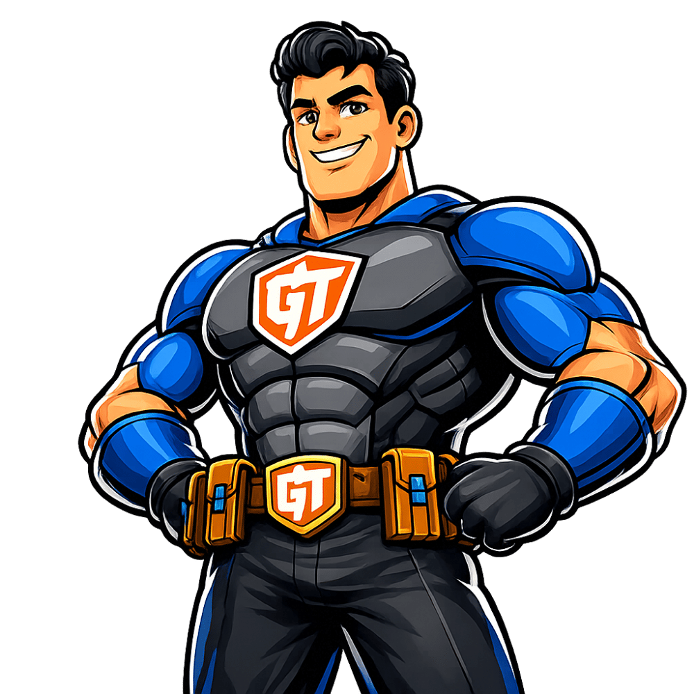 Boise Garage Titan mascot, a superhero character in blue and orange armor in front of a shield emblem