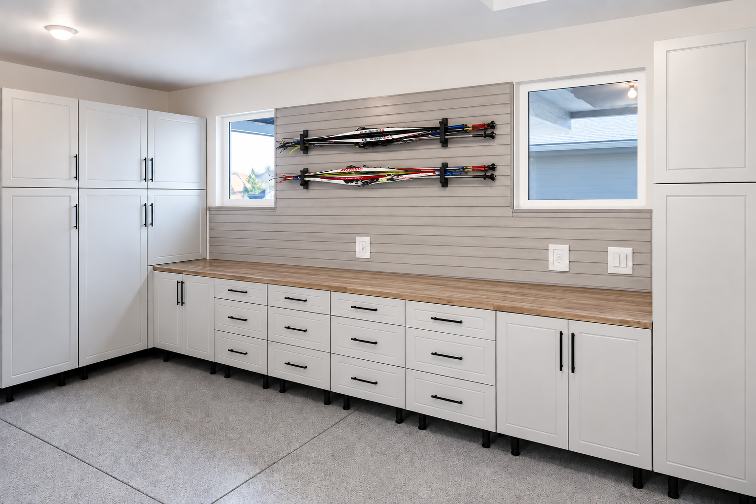 Custom white garage cabinets with butcher block workbench and slatwall ski storage system installed by Boise Garage Titan