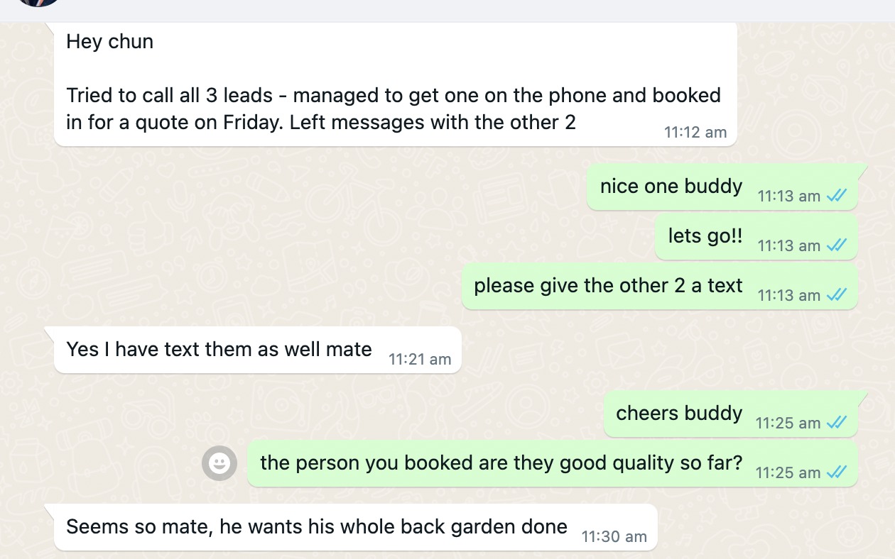 WhatsApp message: quote plus extra garden job