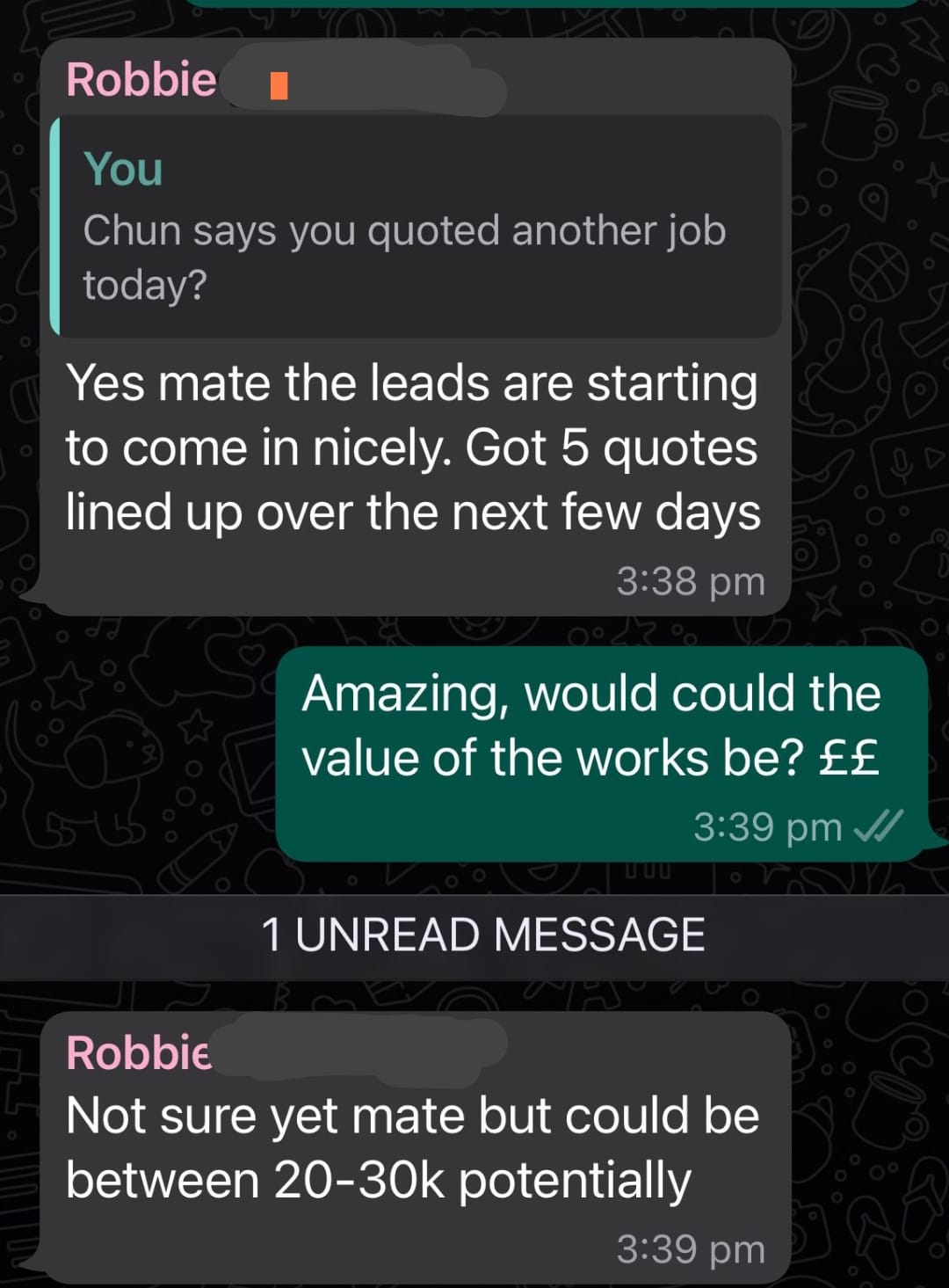WhatsApp message: £20-30k pipeline