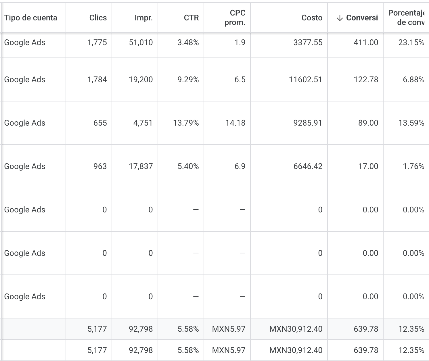 Vista de cuenta de Google Ads