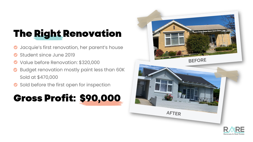 Jacquie's first renovation: purchased $320,000, renovation under $60,000, sold $470,000, gross profit $90,000.