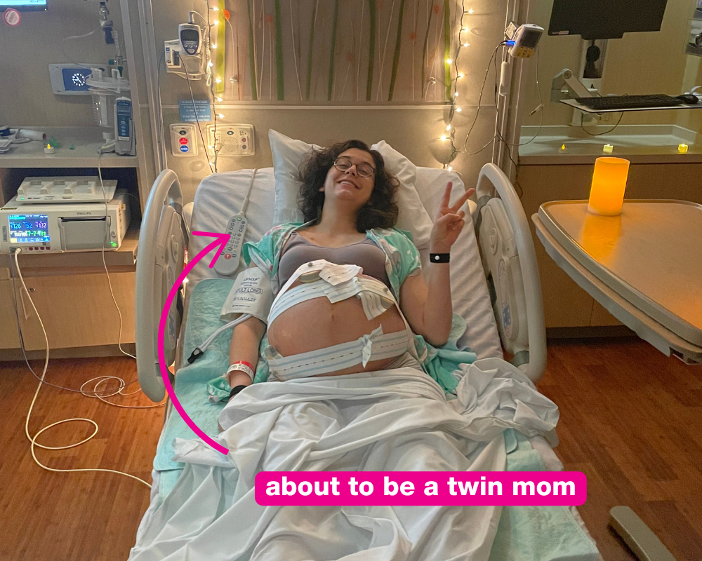 Gabi in a hospital bed during her twin pregnancy — 'about to be a twin mom Gabi'