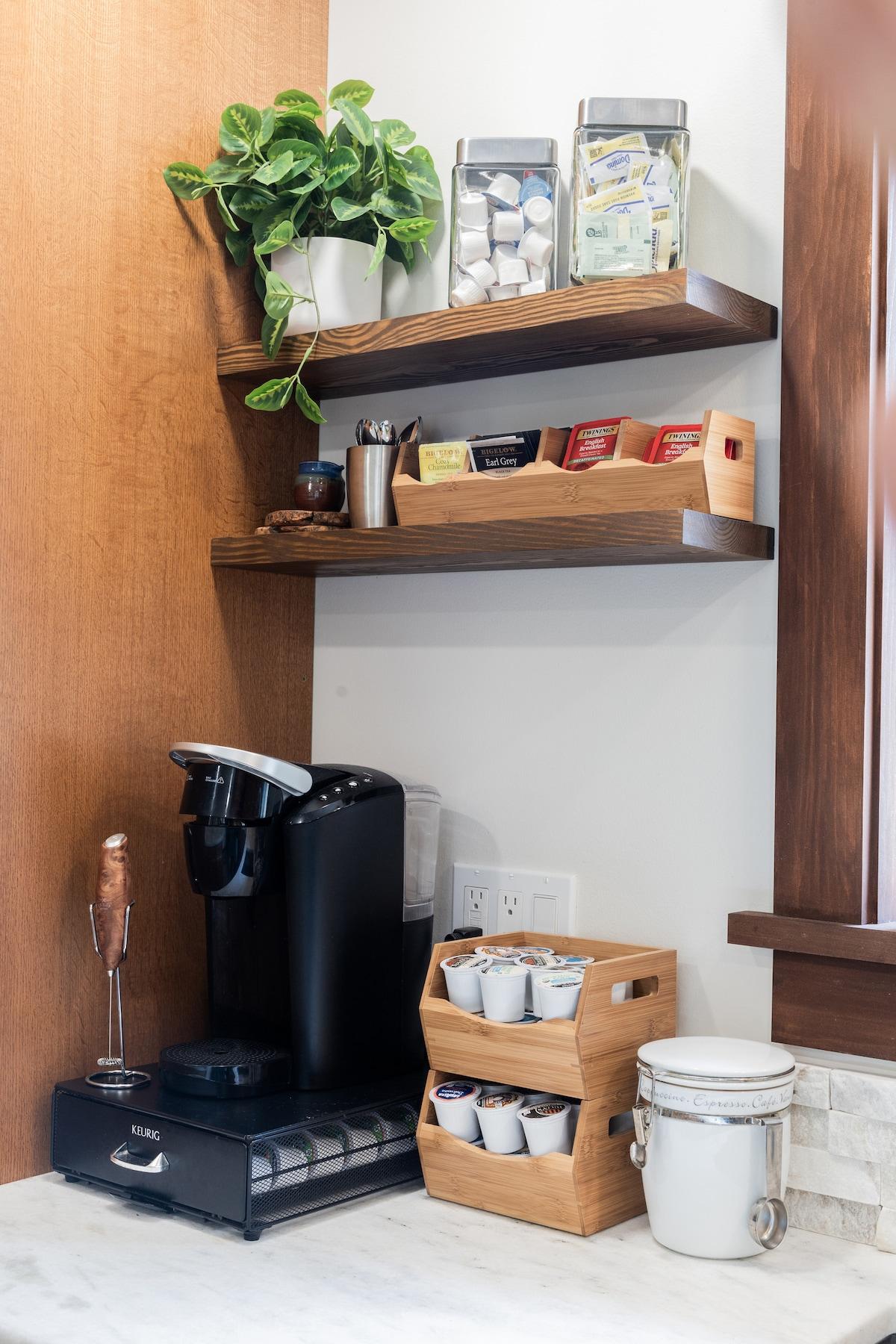 With a Keurig, French Press, and a Tea Kettle, we have your mornings and evenings covered.