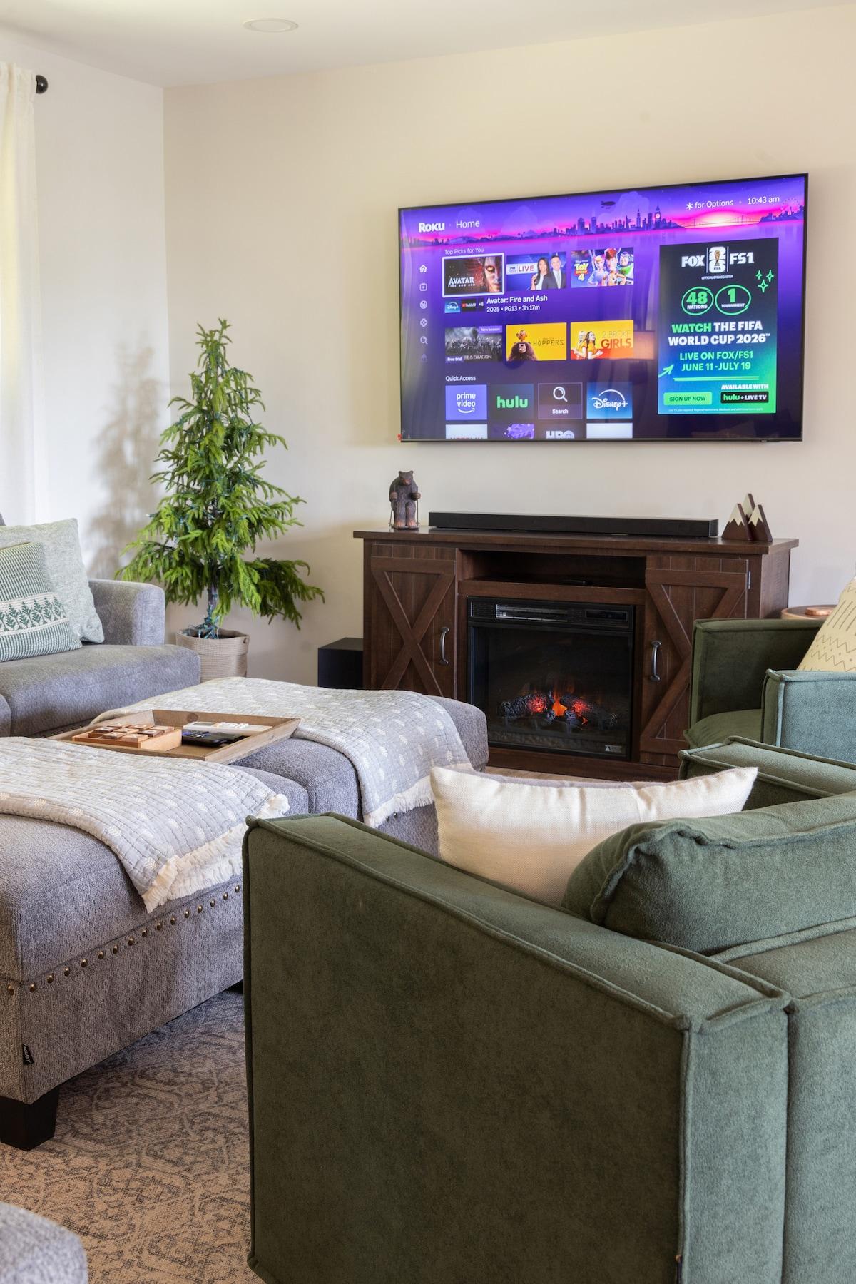 Snuggle in and relax with throw blankets and a fireplace.