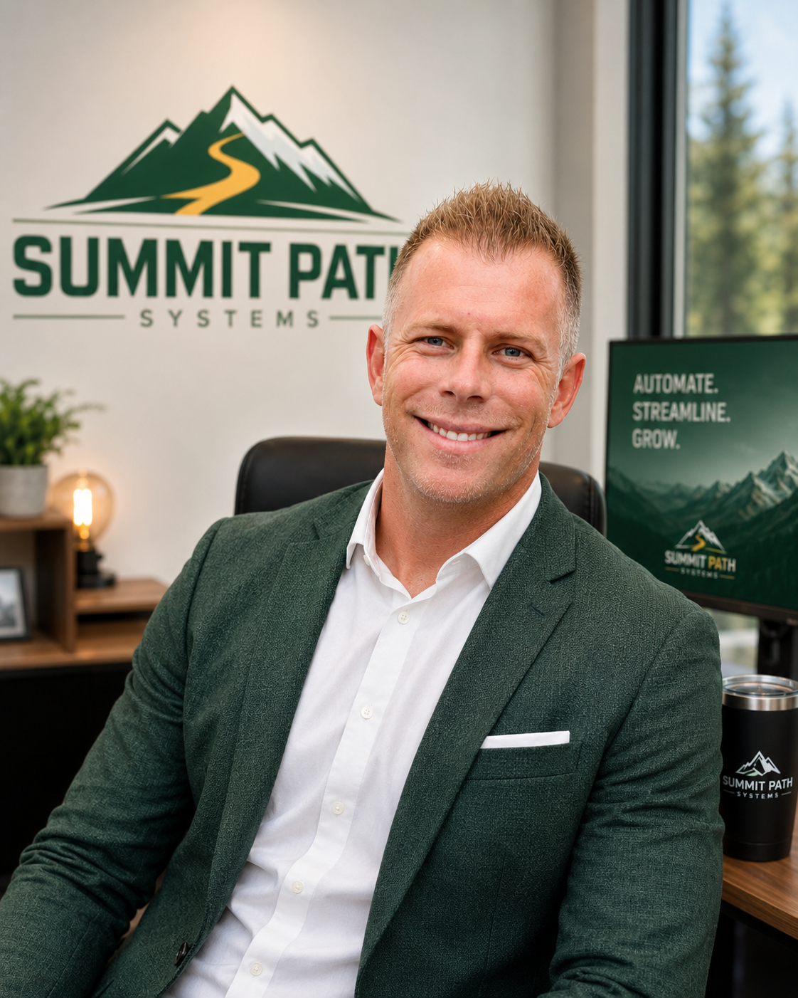 Founder of Summit Path Systems in a Summit Path branded office