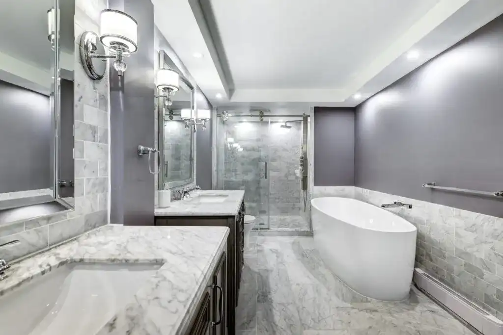 Completed bathroom renovation by B&Y Reno Corp — clean modern finish with luxury fixtures and careful tile detail
