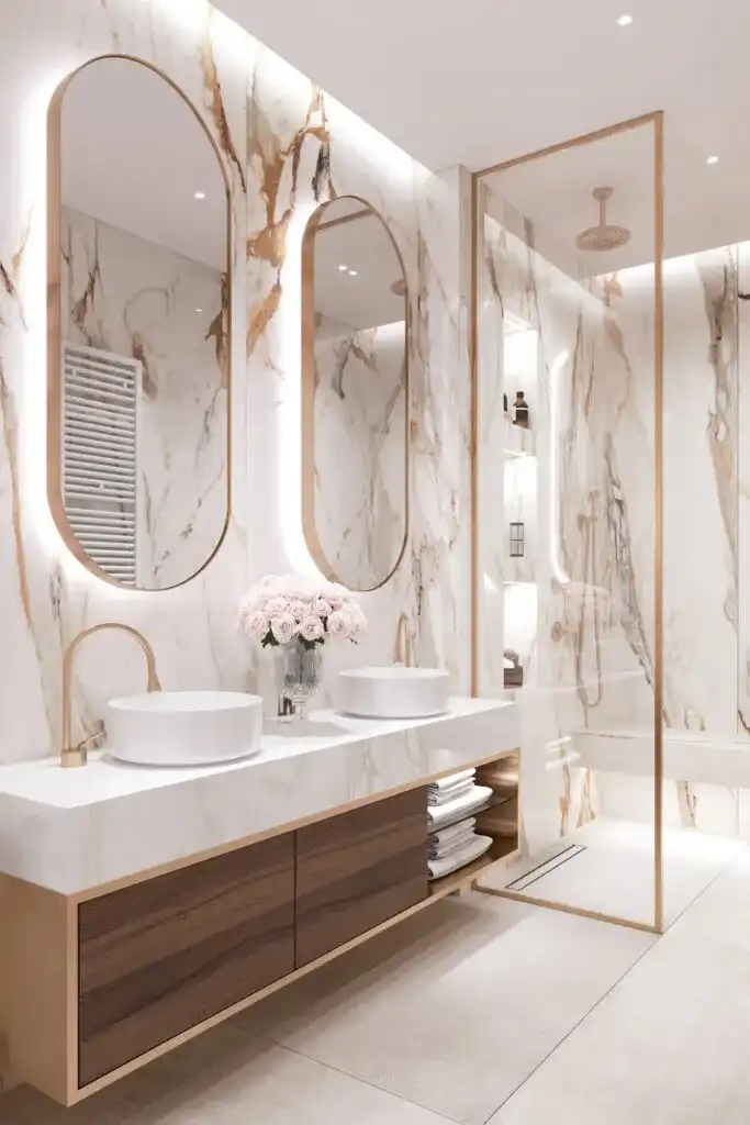Golden vein marble luxury ensuite bathroom renovation in Vaughan, Ontario