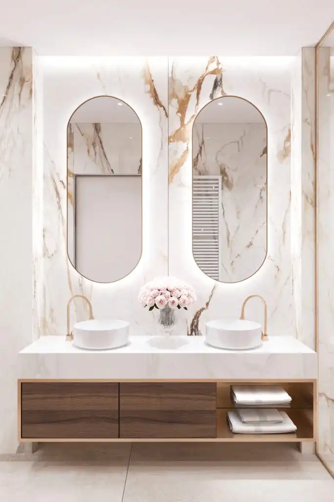 Modern ensuite detail showing premium finishes, clean lines, and soft lighting