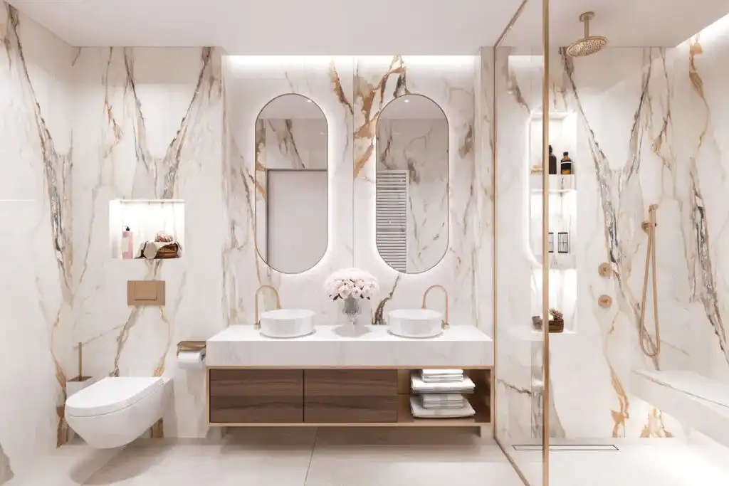 Custom floating vanity with warm wood drawers and vessel sinks