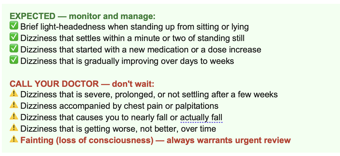 Alerts for dizziness and what to do 