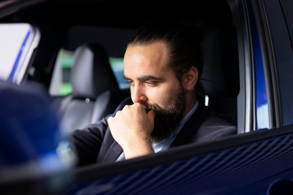 Executive reflecting in the back of a car