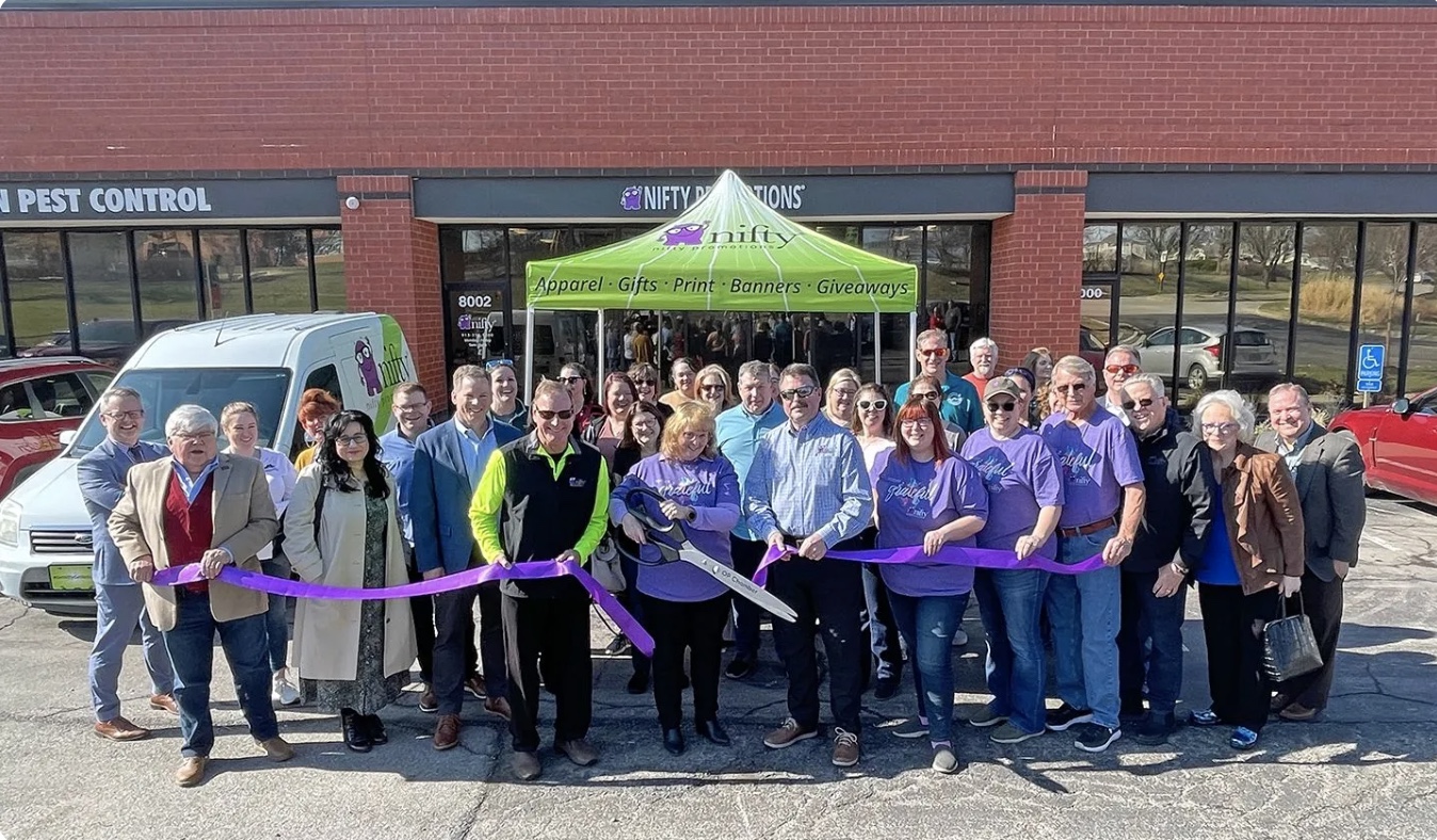 Nifty Promotions Louisville Kentucky ribbon cutting with local business community and Chamber of Commerce members
