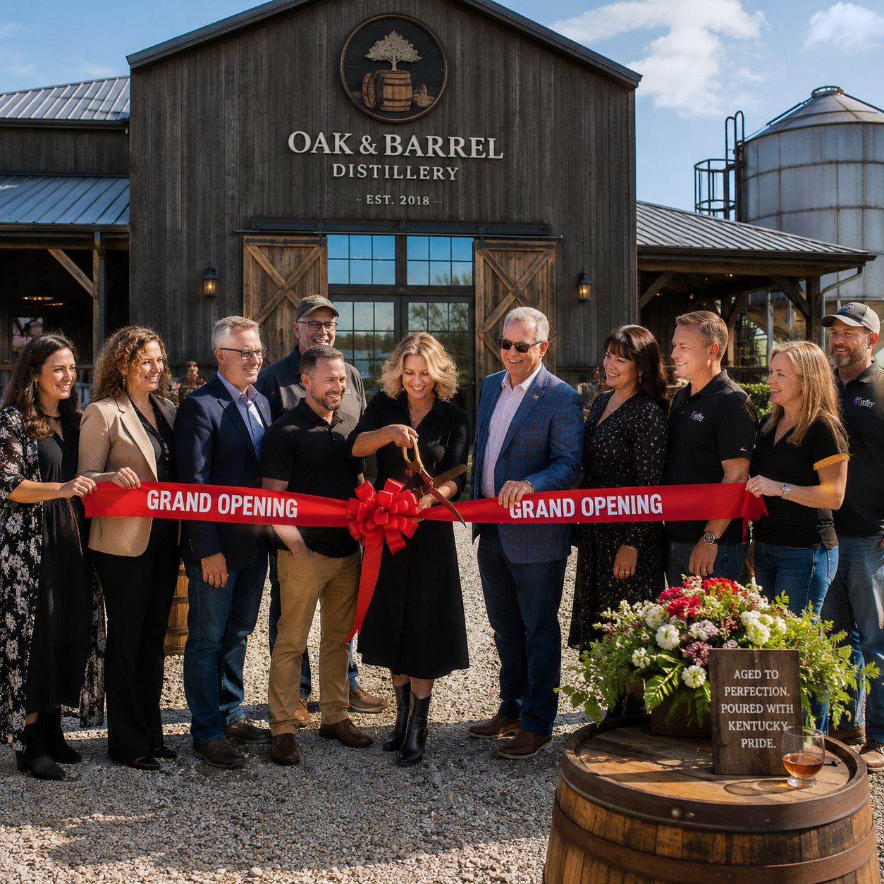 Kentucky bourbon distillery ribbon cutting community event and promotional marketing