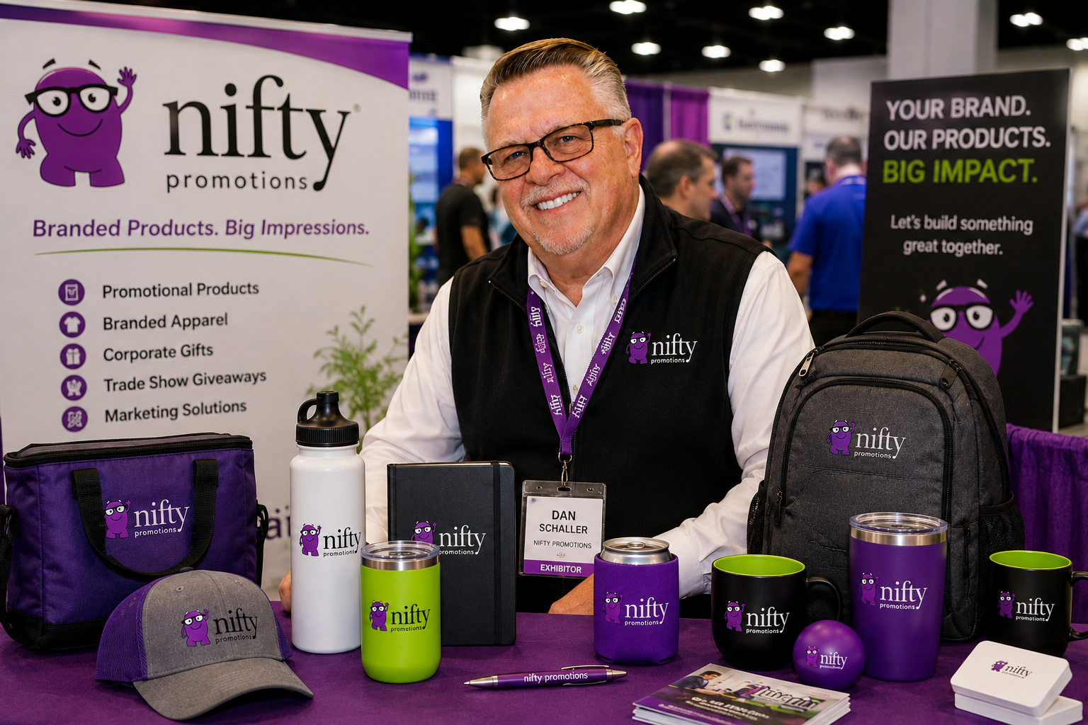Dan Schaller of Nifty Promotions at a branded trade show exhibit in Kentucky with logo tumblers, mugs, backpack, cap and purple table cover