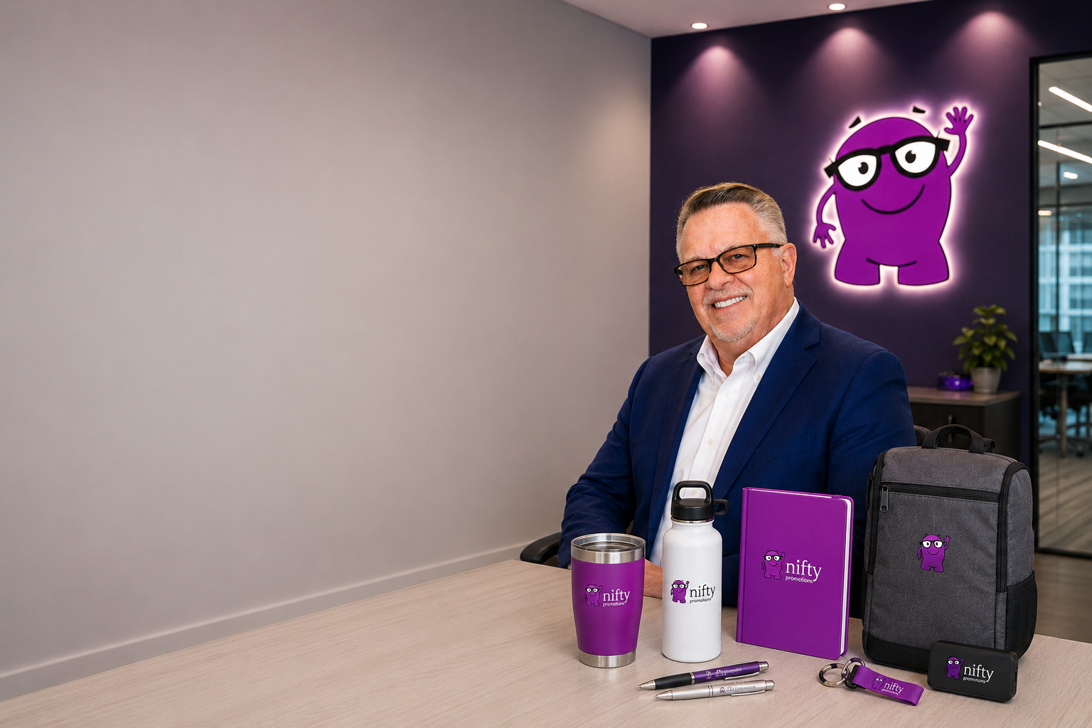 Dan Schaller inside the Nifty Promotions office with branded promotional products for Louisville Kentucky businesses
